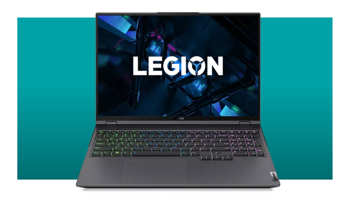 The Lenovo Legion 5i Pro Gen 6 gaming laptop front on, with blue background