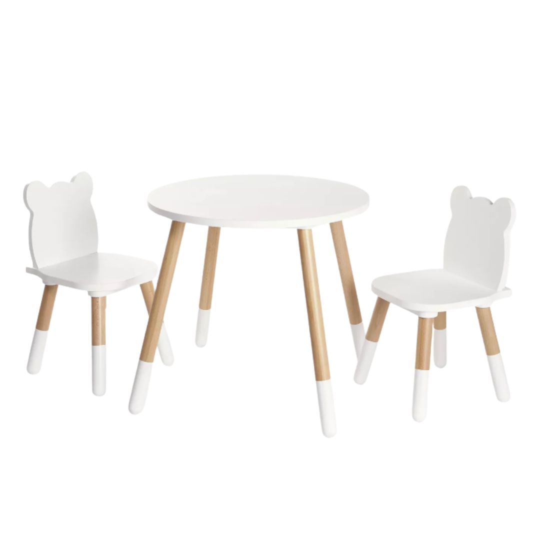 Bear Table &amp;amp; Chairs Set, White/Natural
