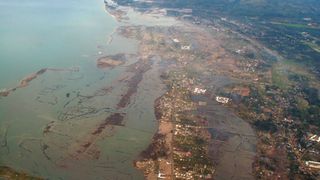 An aerial view of the devastated coastline to the south of Banda Aceh city, Indonesia, some 8 months after the 2004 Indian Ocean Earthquake and Tsunami. The powerful waves striped bare the flat coastal plains causing immense loss of life and total devastation of coastal properties and farmlands.