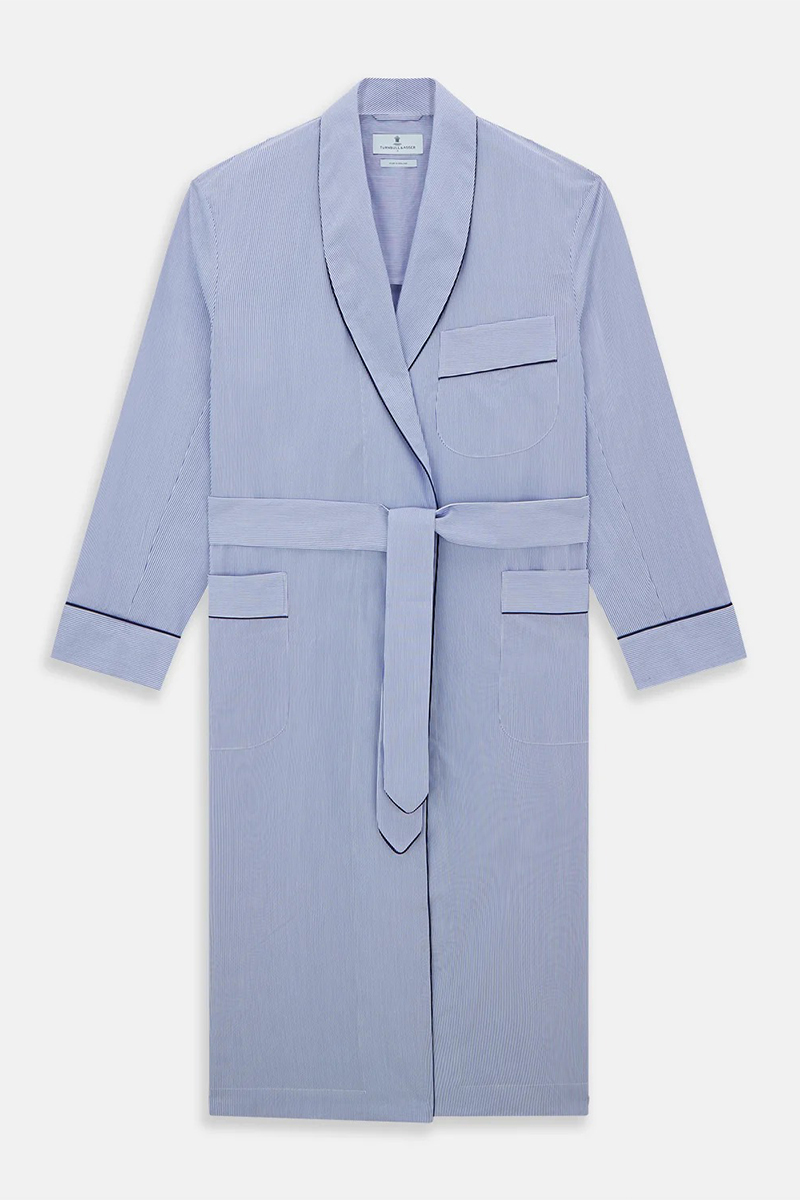 Blue Fine Bengal Stripe Piped Cotton Gown