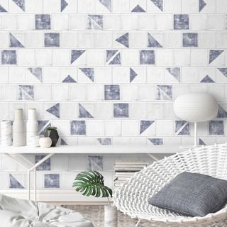 living room with white and blue tile effect wallpaper by woodchip and magnolia