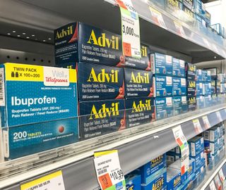 An aisle full of ibuprofin medications.