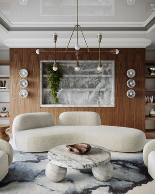 Modern living room with wood paneling and marble alcove