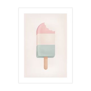 A beige wall art poster with a pink, beige, and blue ice cream lolly illustration