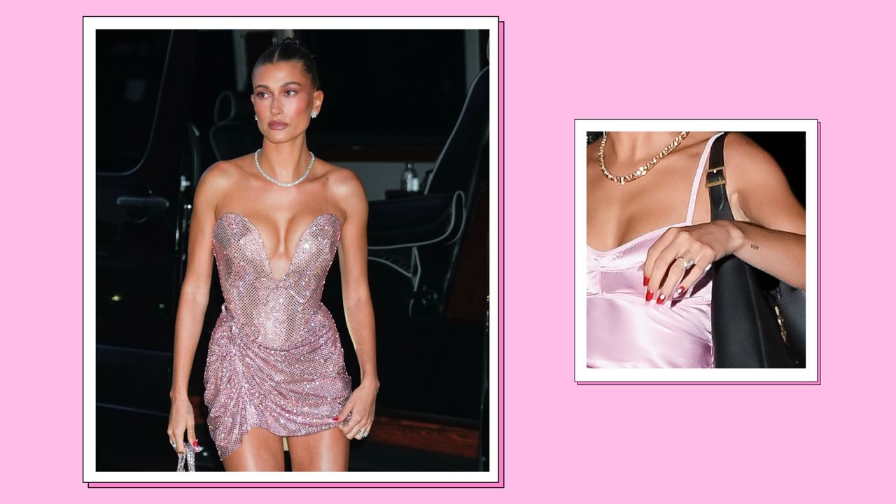 Hailey Bieber&#039;s pink French manicure: Hailey pictured wearing two pink dresses with a pink manicure and in a pink template