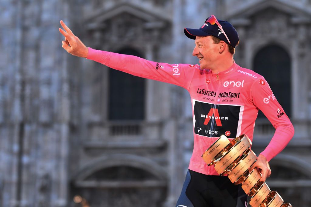 Tao Geoghegan Hart (Ineos Grenadiers) celebrates his overall victory at the 2020 Giro d&#039;Italia