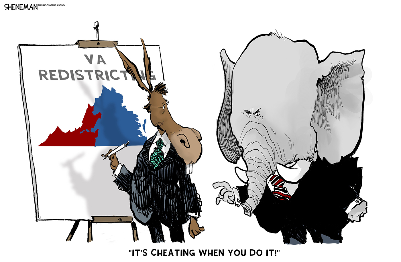 A donkey in a suit is working on a Virginia redistricting map as an elephant in a suit watches angrily. The elephant says, &amp;ldquo;It&amp;rsquo;s cheating when you do it!&amp;rdquo;