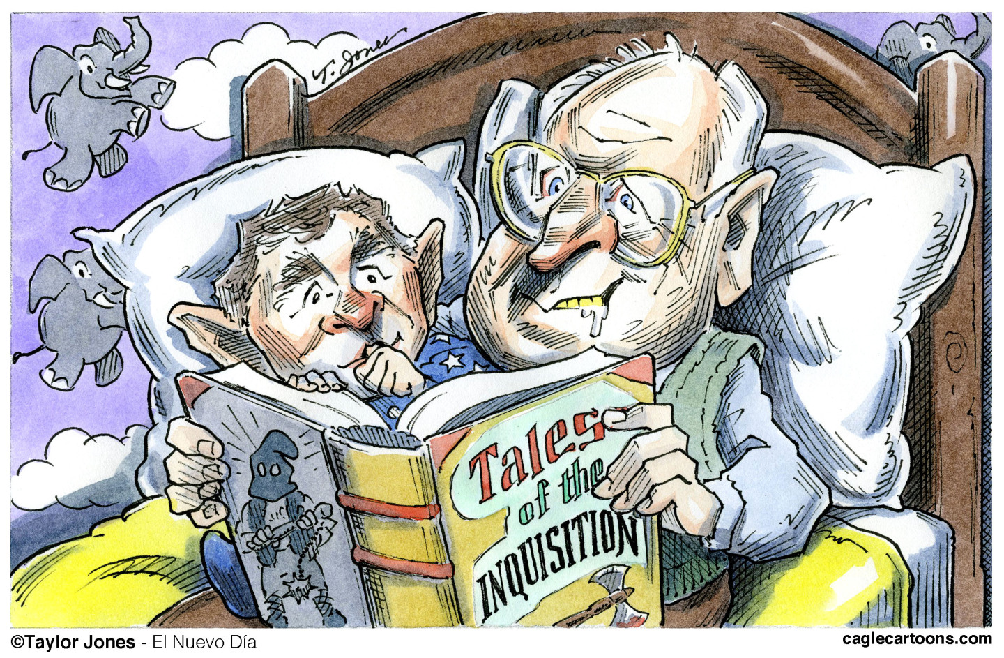 Dick Cheney is the main character in this political cartoon. He&amp;rsquo;s floating through the clouds in bed drooling and reading a story to George W. Bush, who is illustrated like a child with his thumb in his mouth and wearing pajamas. The story Cheney reads is named &amp;ldquo;Tales of the Inquisition&amp;rdquo; with an ax on the front cover and a hooded inquisitor on the back. Elephants float past the clouds in the background.