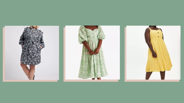 three of w&h's best plus size clothing brands picks on a green background