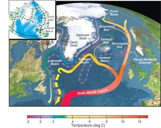 Surface currents that form a portion of the Atlantic Meridional Overturning Circulation.