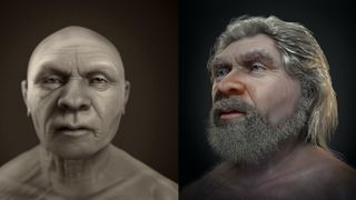 Side-by-side facial approximations of a Neanderthal. 