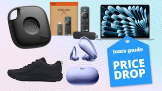 Compilation featuring Tile Mate key finder, Under Armour running shoes, Fire TV Stick 4K, Beats earbuds, Apple MacBook