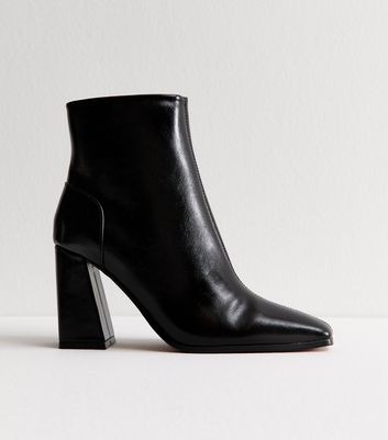 Black Faux Leather Square Toe Ankle Boots