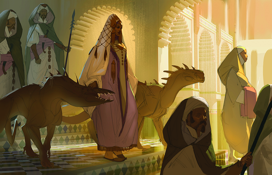 A digital painting showing a fantasy scene featuring a queen and her pet creatures