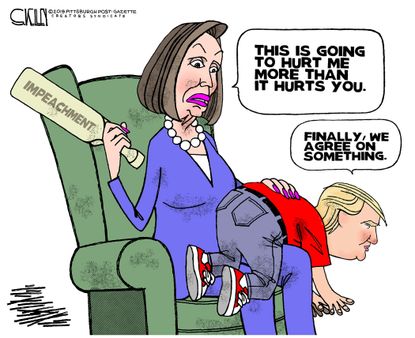 Political Cartoon U.S. Pelosi Spank Trump Impeachment Paddle