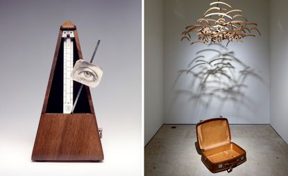Man Ray’s sculptures at Luxembourg + Co New York (metronome with eye, and hangers above suitcase)