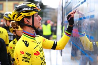 LUINO ITALY MARCH 16 Marianne Vos of Netherlands and Team Visma Lease a Bike prior to the 26th Trofeo Alfredo BindaComune di Cittiglio 2025 Womens Elite a 152km one day race from Luino to Cittiglio UCIWWT on March 16 2025 in Luino Italy Photo by Luc ClaessenGetty Images