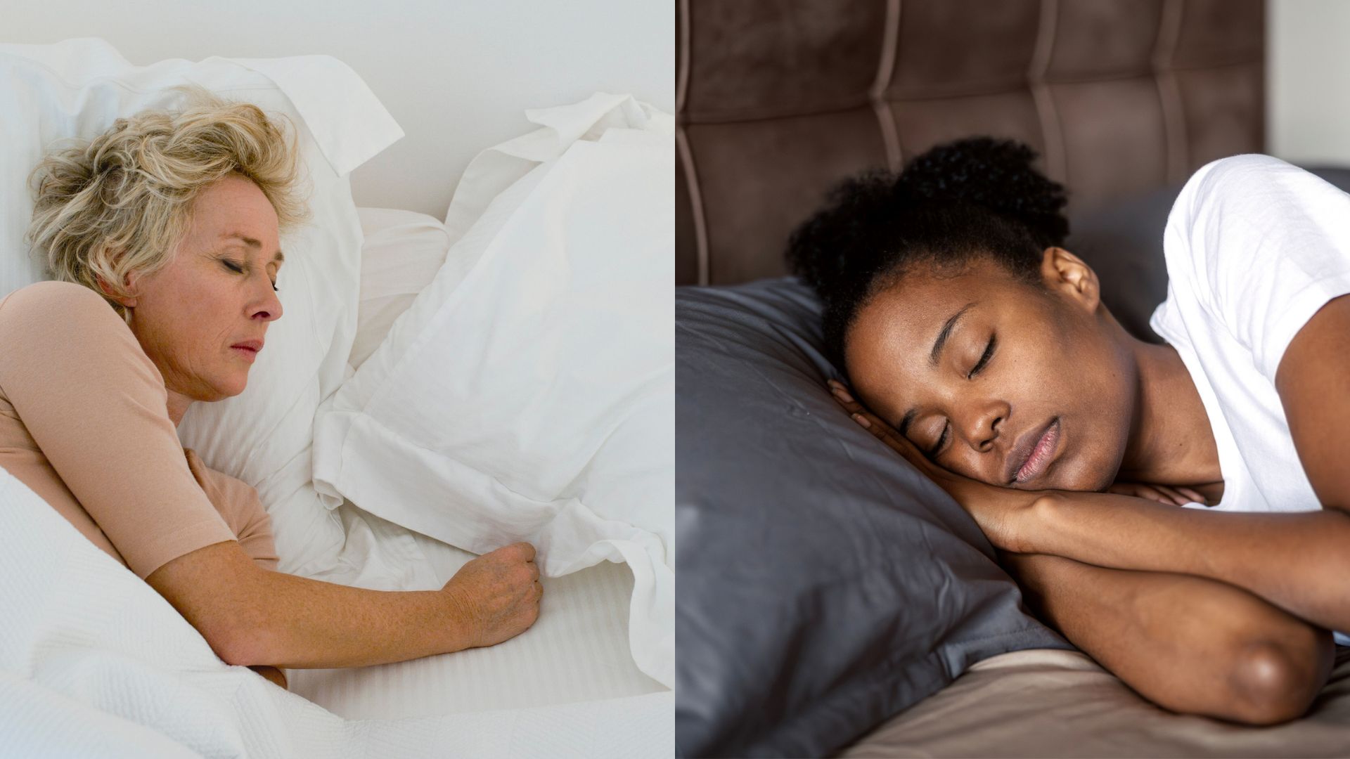 An image of a woman sleeping on her side with a slight bend in her arms next to an image of a woman with both of her arms bent right up to her face in the 'T-rex' style