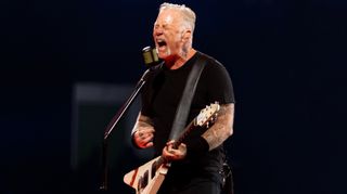 James Hetfield of Metallica performs onstage during a concert at Principality Stadium on June 28, 2026 in Cardiff, Wales. 