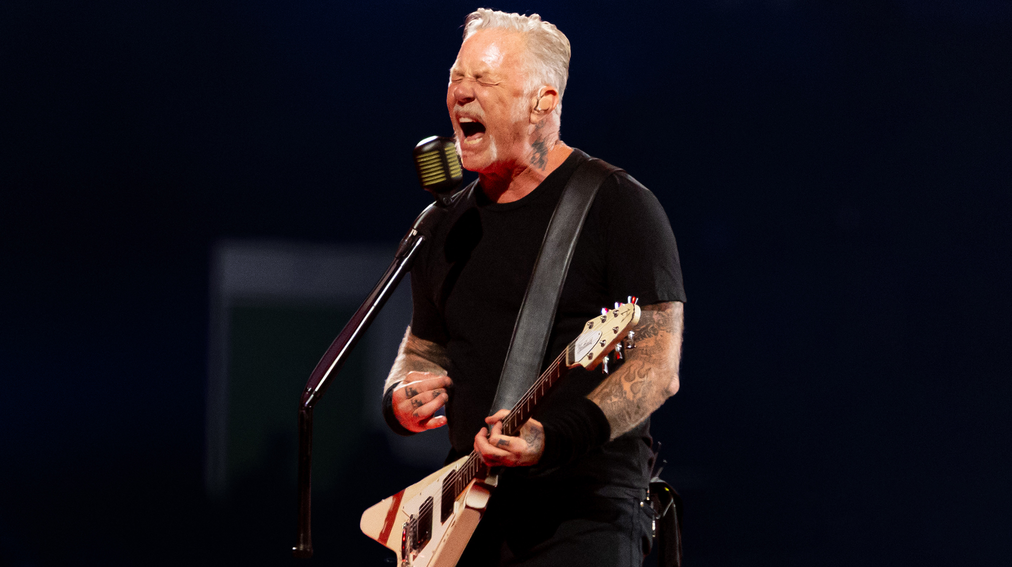 James Hetfield of Metallica performs onstage during a concert at Principality Stadium on June 28, 2026 in Cardiff, Wales. 