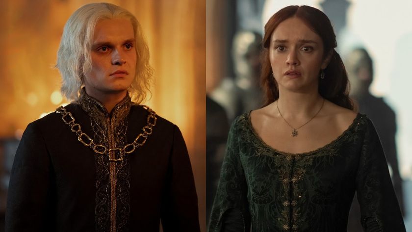 From left to right: Tom Glynn-Carney scowling as Aegon and Olivia Cooke looking scared as Alicent. 