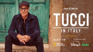 Stanley Tucci sitting on a step for Tucci in Italy poster