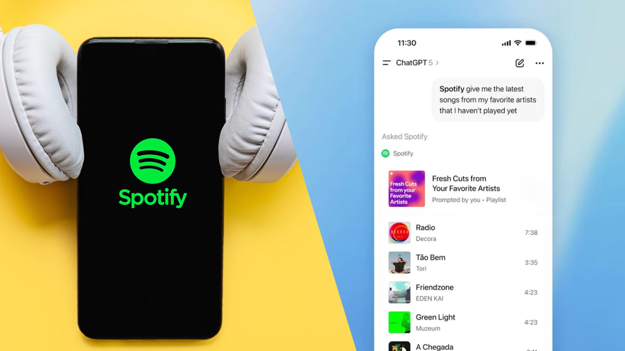 Spotify logo on phone and ChatGPT app showing Spotify integration