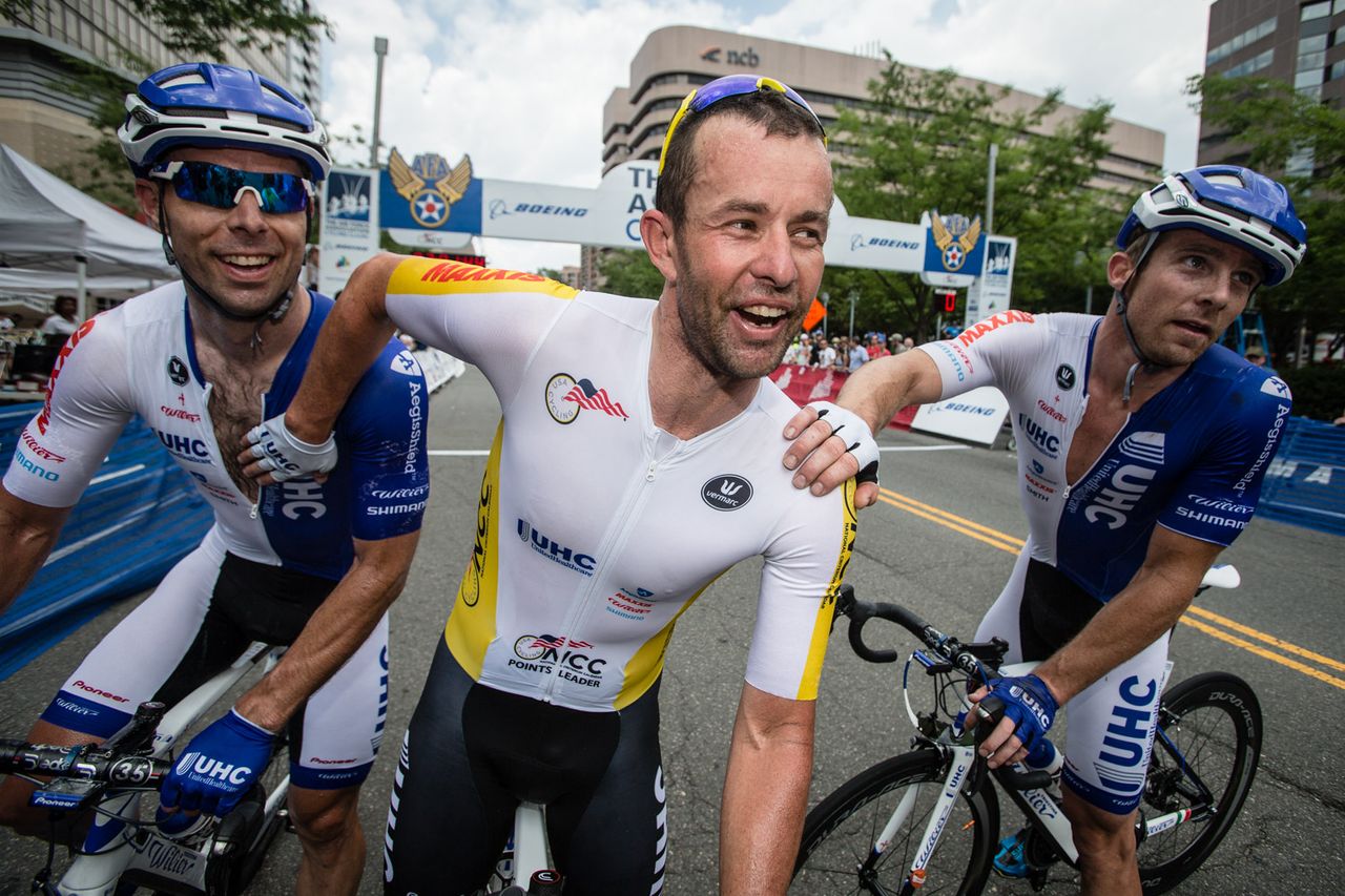 Hilton Clarke (UnitedHealthcare) celebrates with teammates Karl Menzies and Brad White after taking the win