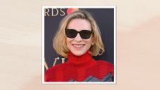 Cate Blanchett is pictured with a voluminous bob and wearing sunglasses at The Olivier Awards 2025 at The Royal Albert Hall on April 06, 2025 in London, England/ in a cream and peach gradient template