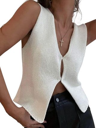 Mioliknya Wanita Vintage Crochet Vest Tank Top Y2k Tanpa Lengan V Neck Knit Open Front Crop Top Streetwear (a-Putih, S)