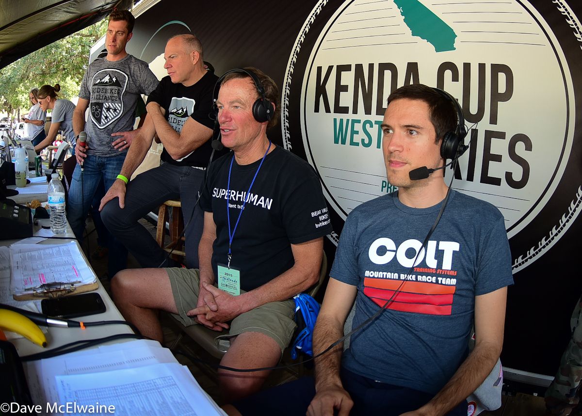 Race announcers (L to R) Christian Vande Velde, Bob Roll, Larry Longo, and Colt McElwaine