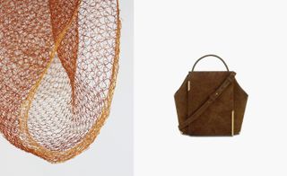 Talens has adopted the Japanese art kintsugi technique to craft her collection. Pictured right, the Gaia bag in brown calf leather