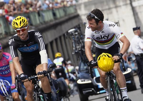 Sky teammates Bernhard Eisel and world champion Mark Cavendish.