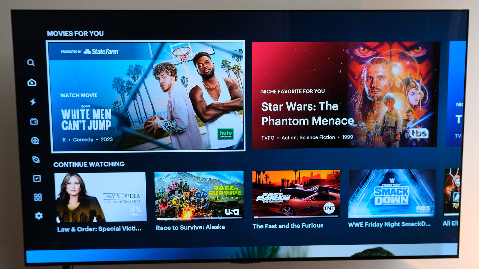 The Hulu homescreen scrolled down to the boxes for White Men Can't Jump (2023) and Star Wars: The Phantom Menace