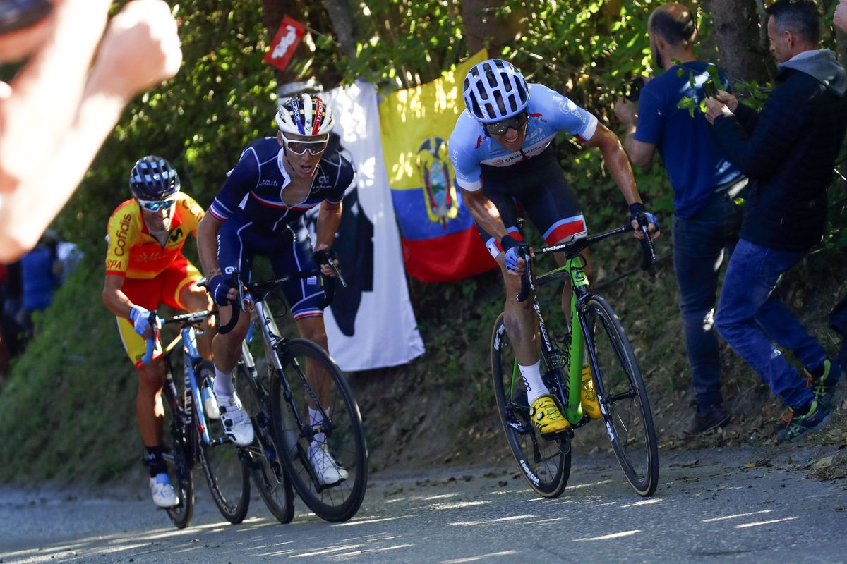 Michael Woods (Canada) attacks on the H&ouml;ll climb