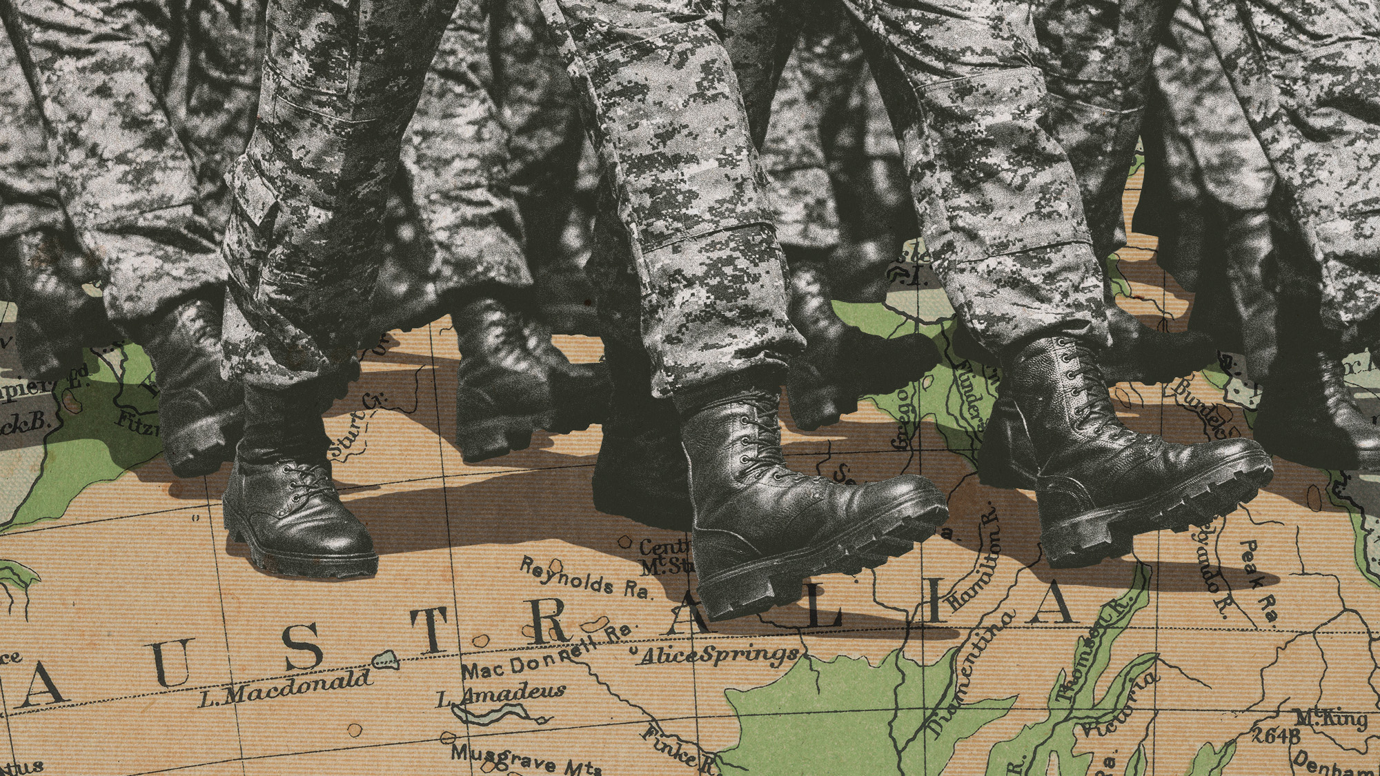 Photo collage of army boots walking over the map of Australia