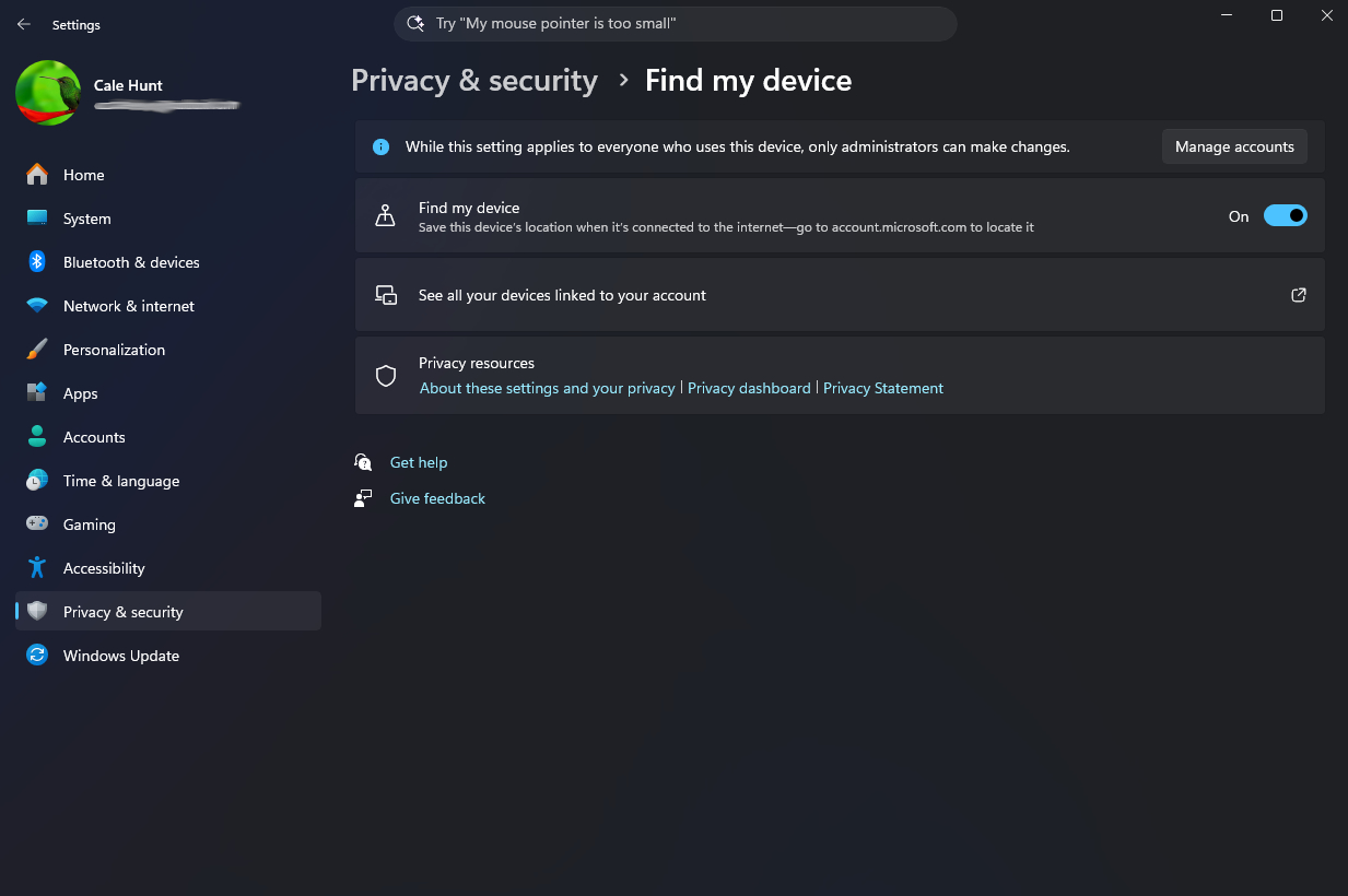 Screenshot of Windows settings showing "Privacy &amp;amp; security" with options for "Find my device" and related links on a dark background.
