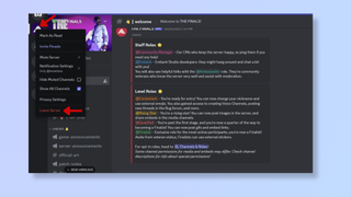 A screenshot of a Discord account, with red arrows pointing at a server and at Leave Server in the drop-down menu. 