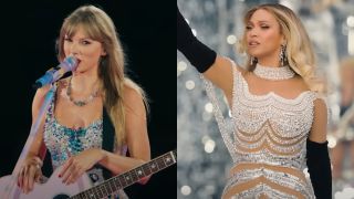 From left to right: Screenshots of Taylor Swift holding a guitar and talking into a microphone during the Eras Tour, and Beyonce holding her arm up while performing during the Renaissance Tour.
