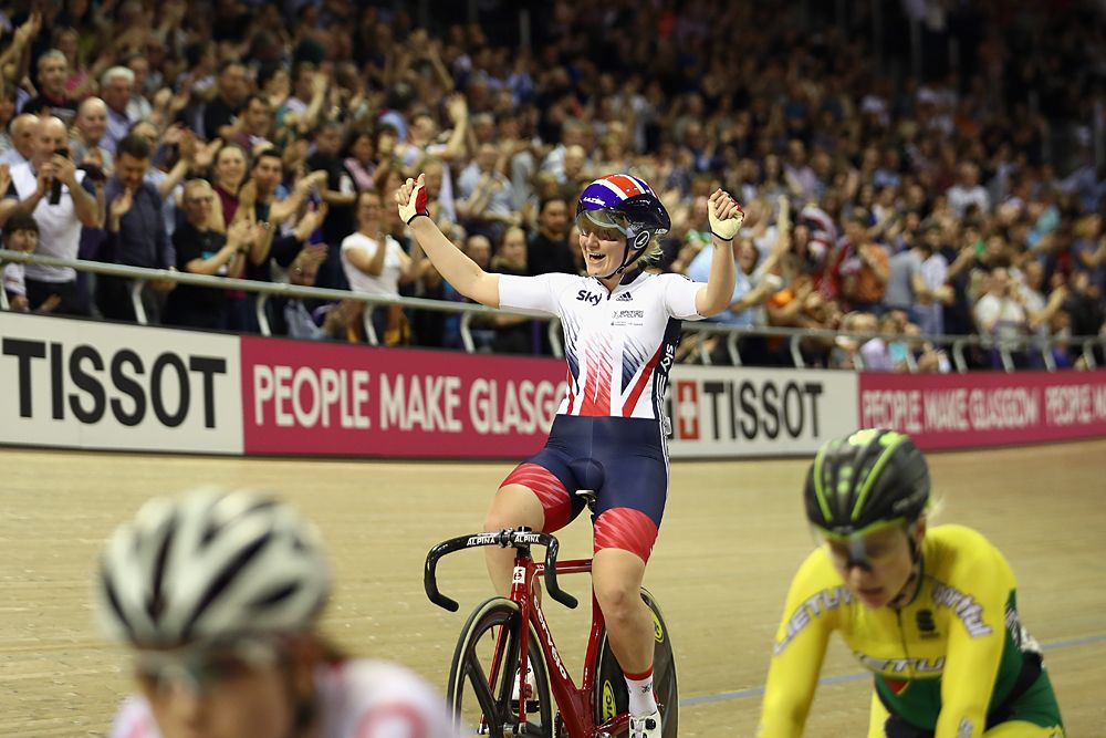 Britain's Emily Kay celebrates winning the Women's Omnium