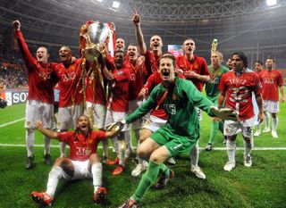 Manchester United celebrate their 2008 Champions League win against Chelsea.