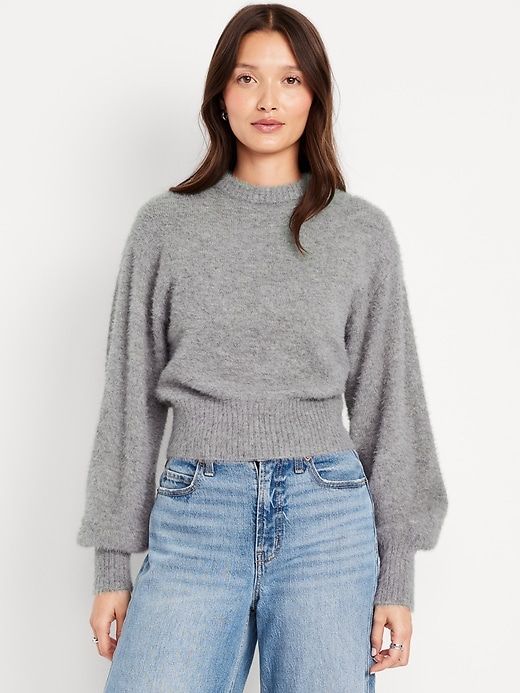 Cropped Crew-Neck Eyelash Sweater