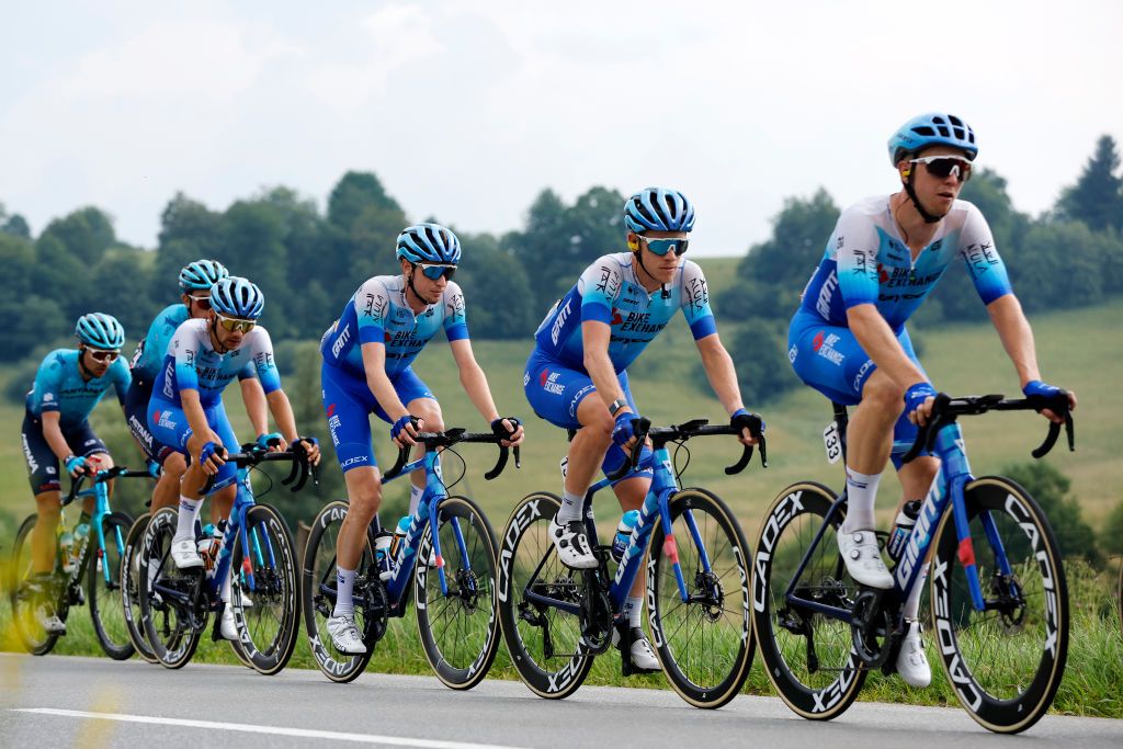 SANOK POLAND AUGUST 02 LR Matteo Sobrero of Italy Lucas Hamilton of Australia Lawson Craddock of United States and Kaden Groves of Australia and Team BikeExchange Jayco compete during the 79th Tour de Pologne 2022 Stage 4 a 1794km stage from Lesko to Sanok TdP22 WorldTour on August 02 2022 in Sanok Poland Photo by Bas CzerwinskiGetty Images