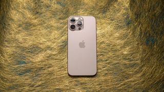 Apple iPhone 16 Pro Max back view against gold-colored background