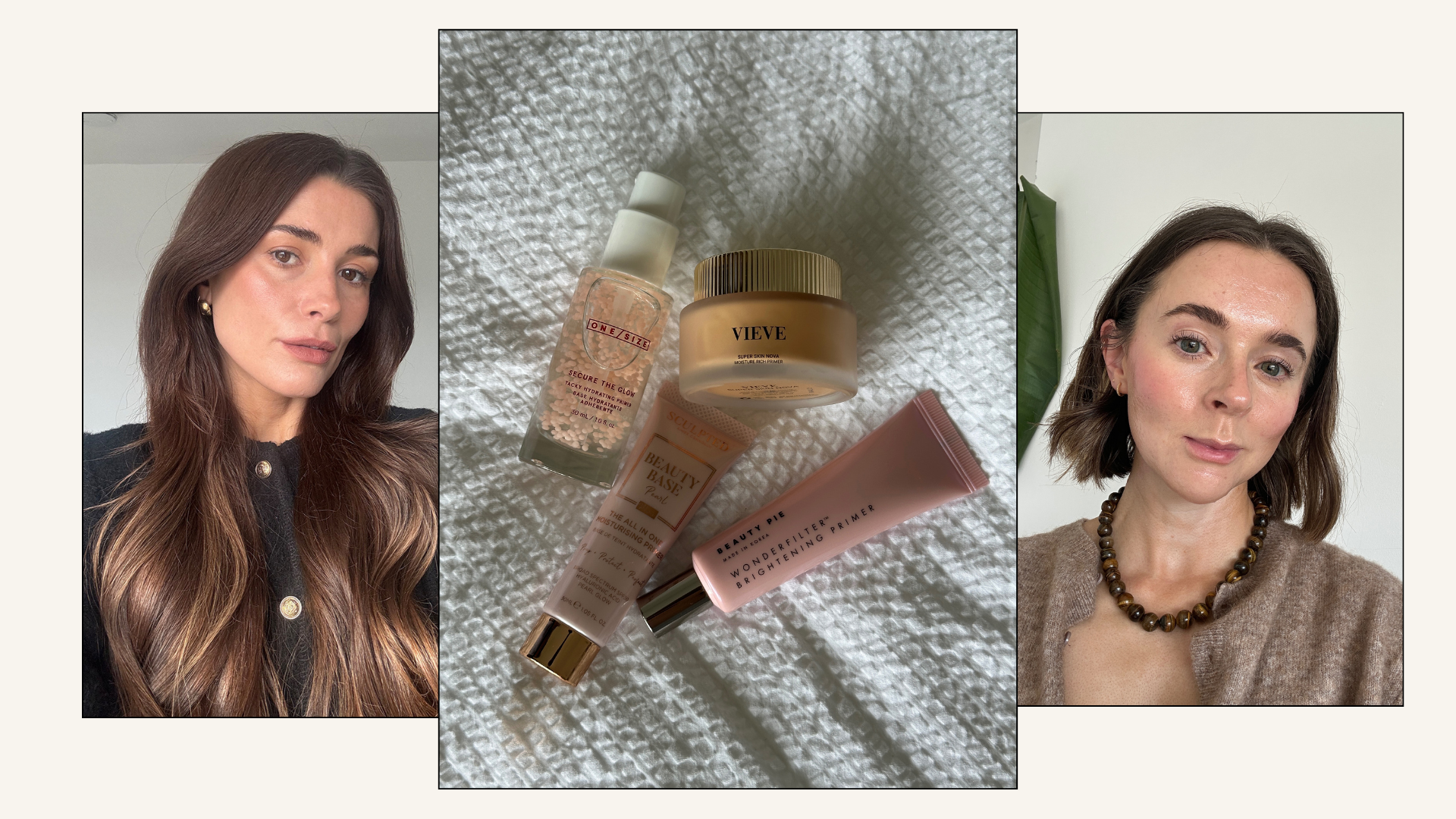 Collage of editor selfies with pictures of silicone makeup primers