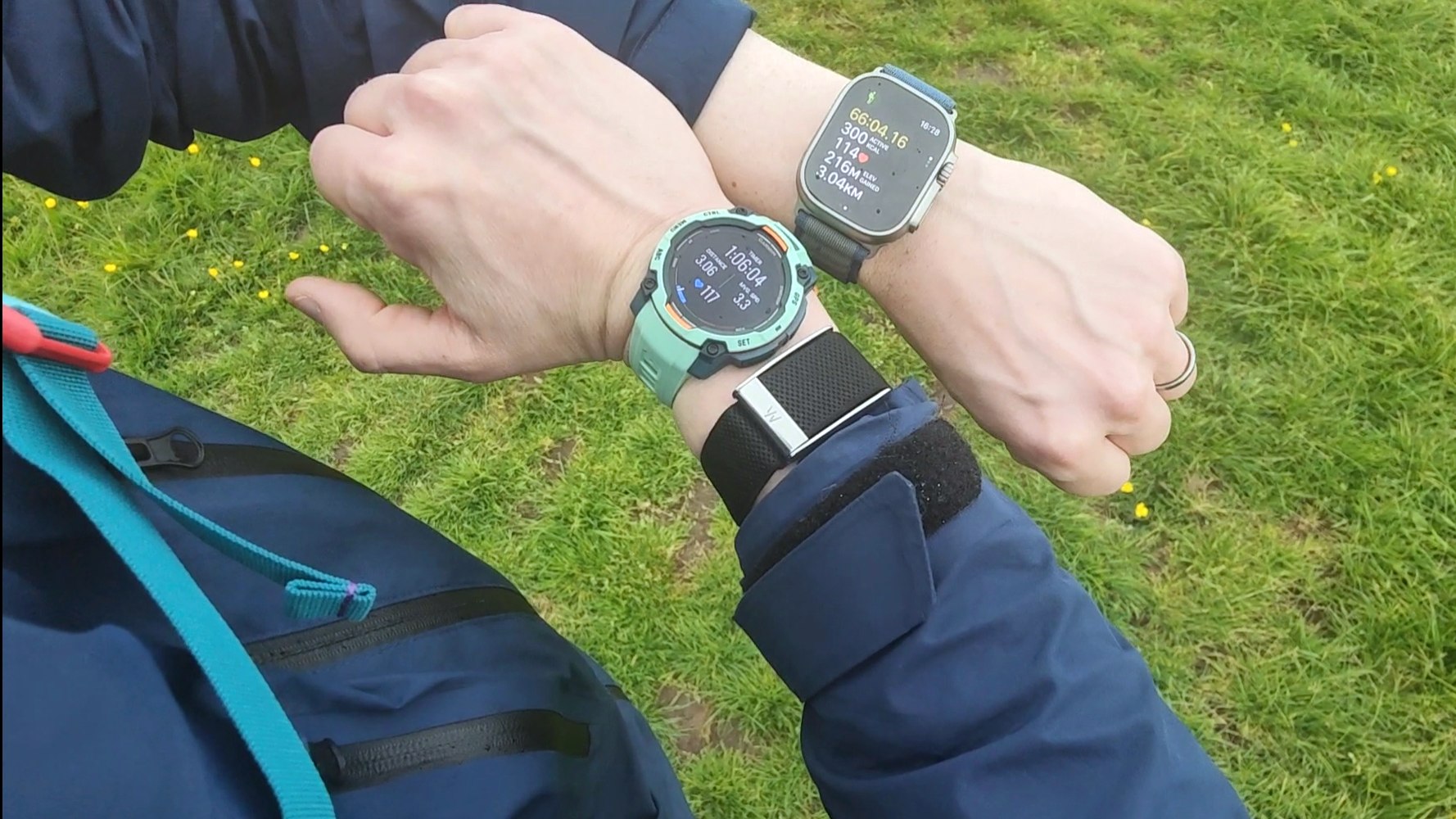 Garmin Instinct 3 and Apple Watch Ultra 2 during hike