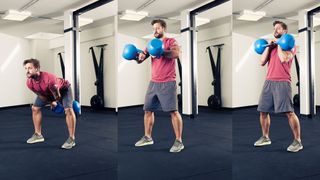 Man demonstrates three positions of the clean exercise using two kettlebells
