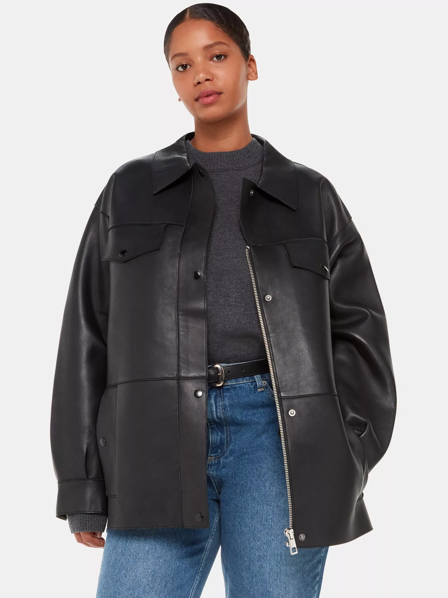 Whistles Clean Bonded Leather Jacket, Black
