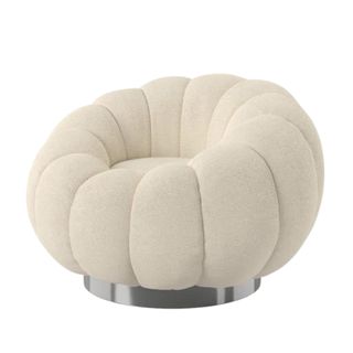 Low profilecream boucle material rounded shell shape with silver round base beneath