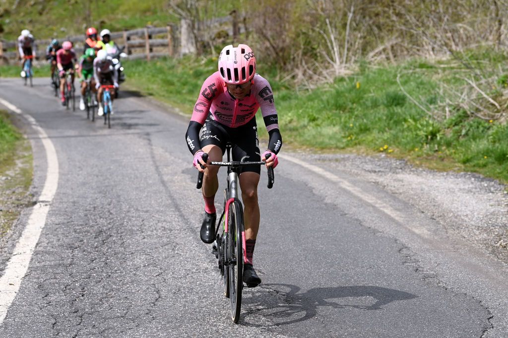 BRUNICO ITALY APRIL 21 Simon Carr of United Kingdom and Team EF EducationEasypost attacks in the breakaway during the 46th Tour of the Alps 2023 Stage 5 a 1445km stage from Cavalese to Brunico on April 21 2023 in Brunico Italy Photo by Tim de WaeleGetty Images